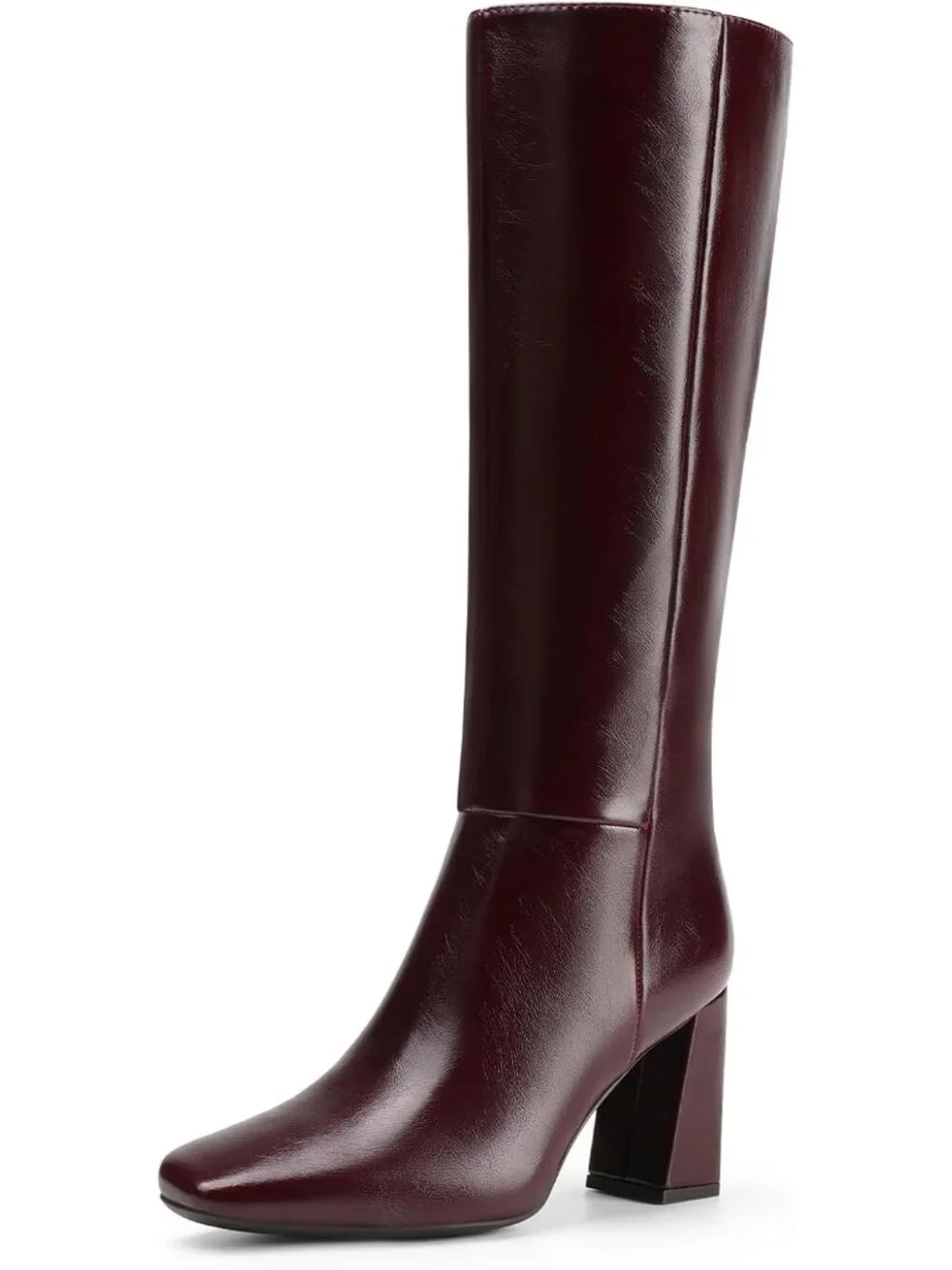 Women's Burgundy Sleek Modern Style Block Heel Square Toe Knee High Boots